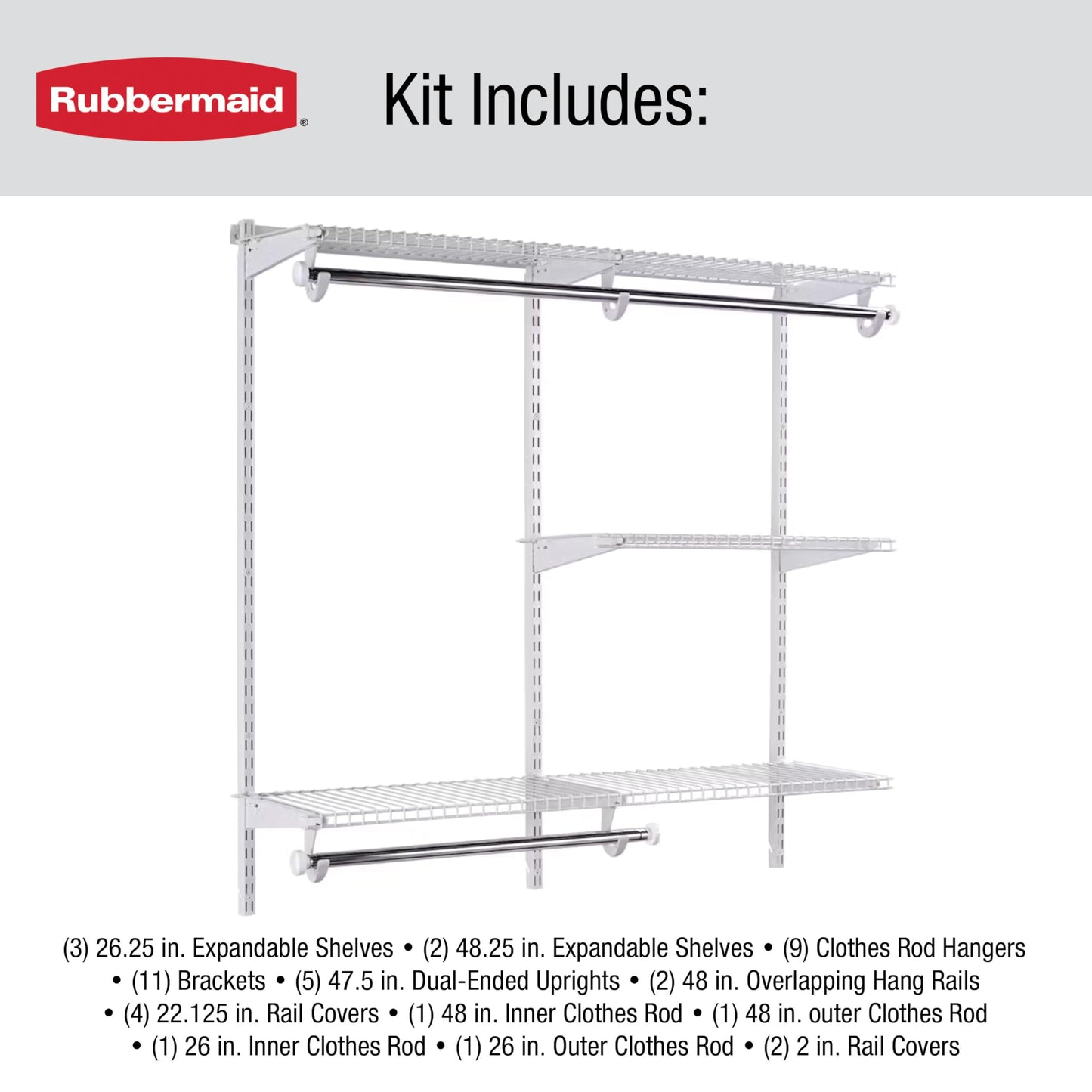 Rubbermaid Configurations Custom Closet Kit 6-10 Ft. Adjustable Metal Wire Shelving White Finish Expandable Organization System Hardware Included for Home Closet/Pantry/Laundry/Mudroom