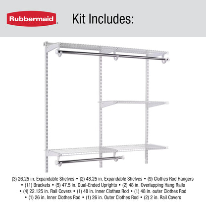 Rubbermaid Configurations Custom Closet Kit 6-10 Ft. Adjustable Metal Wire Shelving White Finish Expandable Organization System Hardware Included for Home Closet/Pantry/Laundry/Mudroom