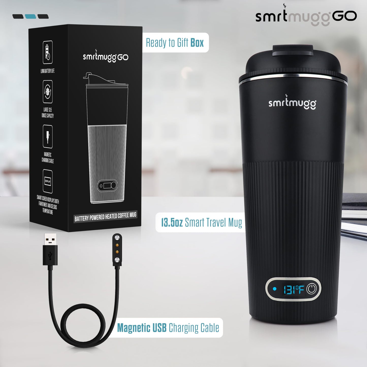 SMRTMUGG GO Heated Coffee Mug, Travel Mug, 13.5 OZ. Smart Mug, Battery Powered Heated Coffee Mug, Great for Coffee and Tea, Snap on Magnetic Charging Cord, New and Improved (Black)