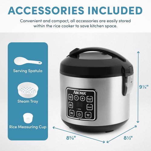 AROMA Digital Rice Cooker - 4-Cup Uncooked / 8-Cup Cooked Capacity | Stainless Steel Multicooker, 2 Qt