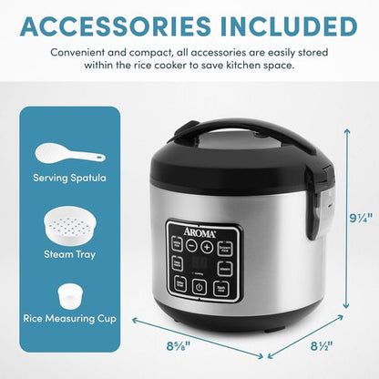 AROMA Digital Rice Cooker - 4-Cup Uncooked / 8-Cup Cooked Capacity | Stainless Steel Multicooker, 2 Qt