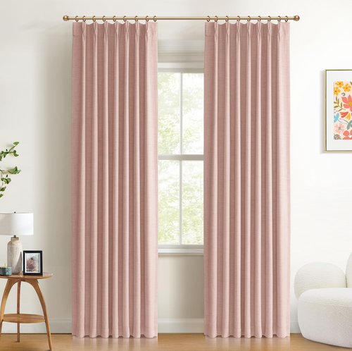 100% Blackout Shield Linen Look Textured Pinch Pleated Curtains Blackout Drapes 96 Inch Long 2 Panels Set, Faux Linen Blackout Curtains for Bedroom & Living Room, 40" W x 96" L, Blush Pink