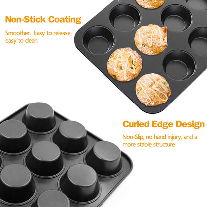 CHEFMADE 12 Cups Muffin Pan Set, 2 Packs Bakeware Non-Stick Cupcake Baking Pan Heavy Duty Carbon Steel Pan Muffin Tins Standard Baking Mold for Cakes