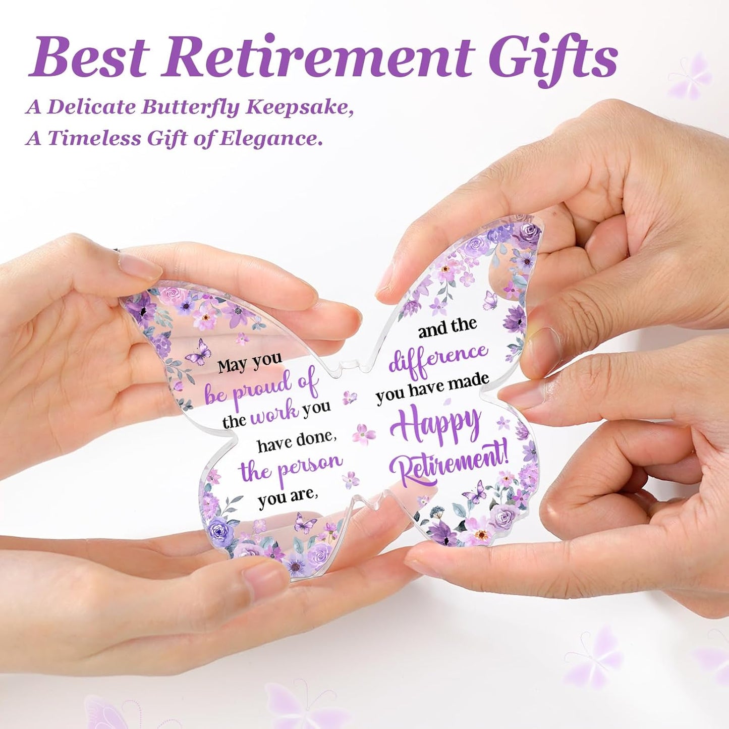 Unique Retirement Gift for Woman Men 2026, 5x3.8x0.5 Inch Purple Butterfly Acrylic Plaque Decor with Warm Words, Best Retirement Gifts for Coworker Teacher Friend Nurse Boss