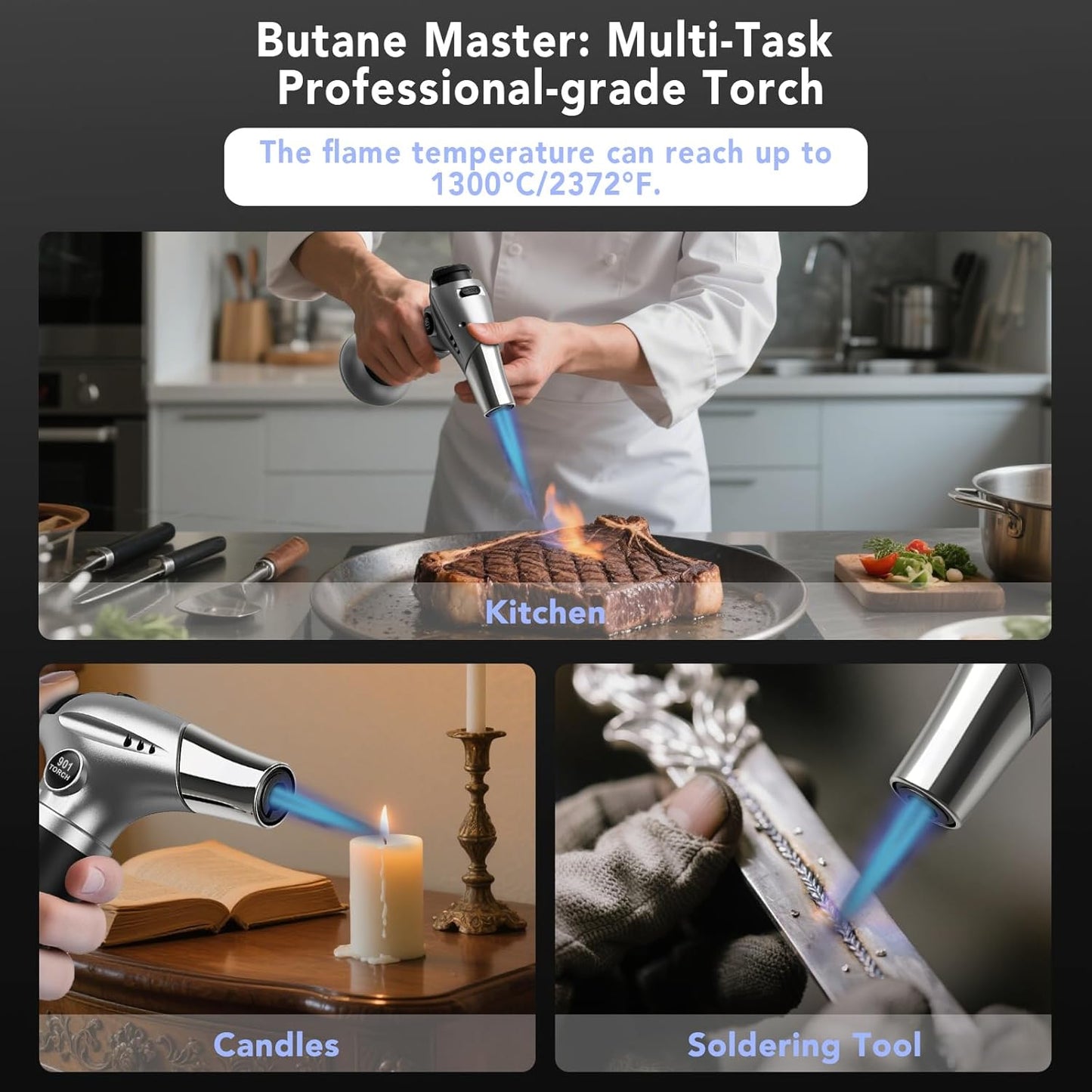 Sondiko Butane Torch Lighter - Refillable Creme Brulee Torch with Adjustable Flame & Safety Lock