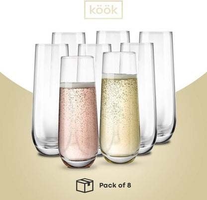 KooK Champagne Flutes - Set of 8 Stemless Glasses | 9.4oz Rose Prosecco Glasses for Weddings & Parties