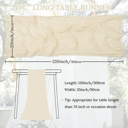 ButterMelt 4 Pack Beige 10ft Cheesecloth Table Runner, Boho 35x120 Inch Long, Gauze Table Runner Decor for Baby Shower Bridal Shower or Wedding Party