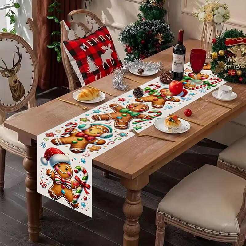 Ging erbread Man Christmas Table Runner 13x72 Polyester Red Green Victorian