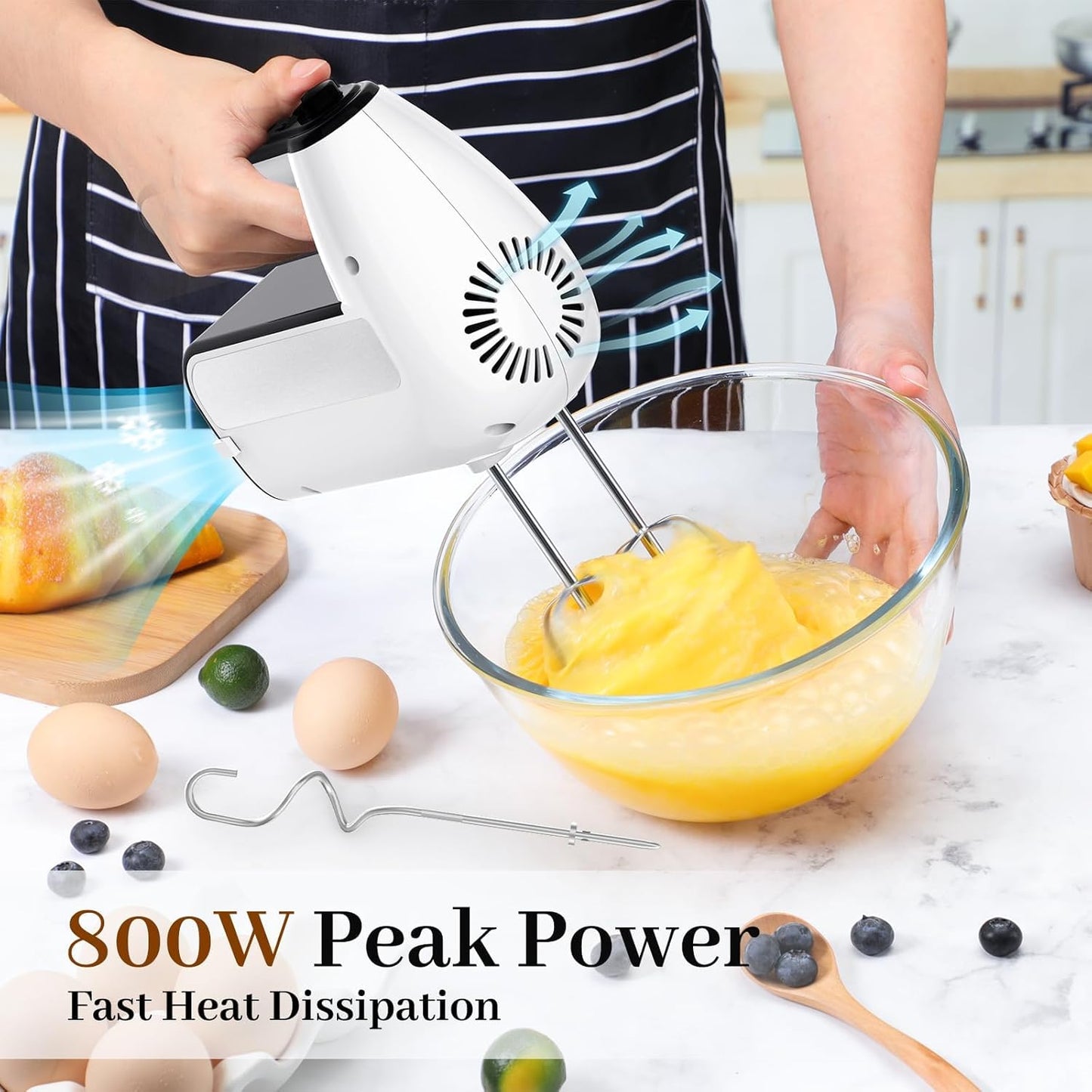 Skiennix 5-Speed Electric Hand Mixer - 800W Handheld Mixer with Turbo & 6 Stainless Steel Attachments | White