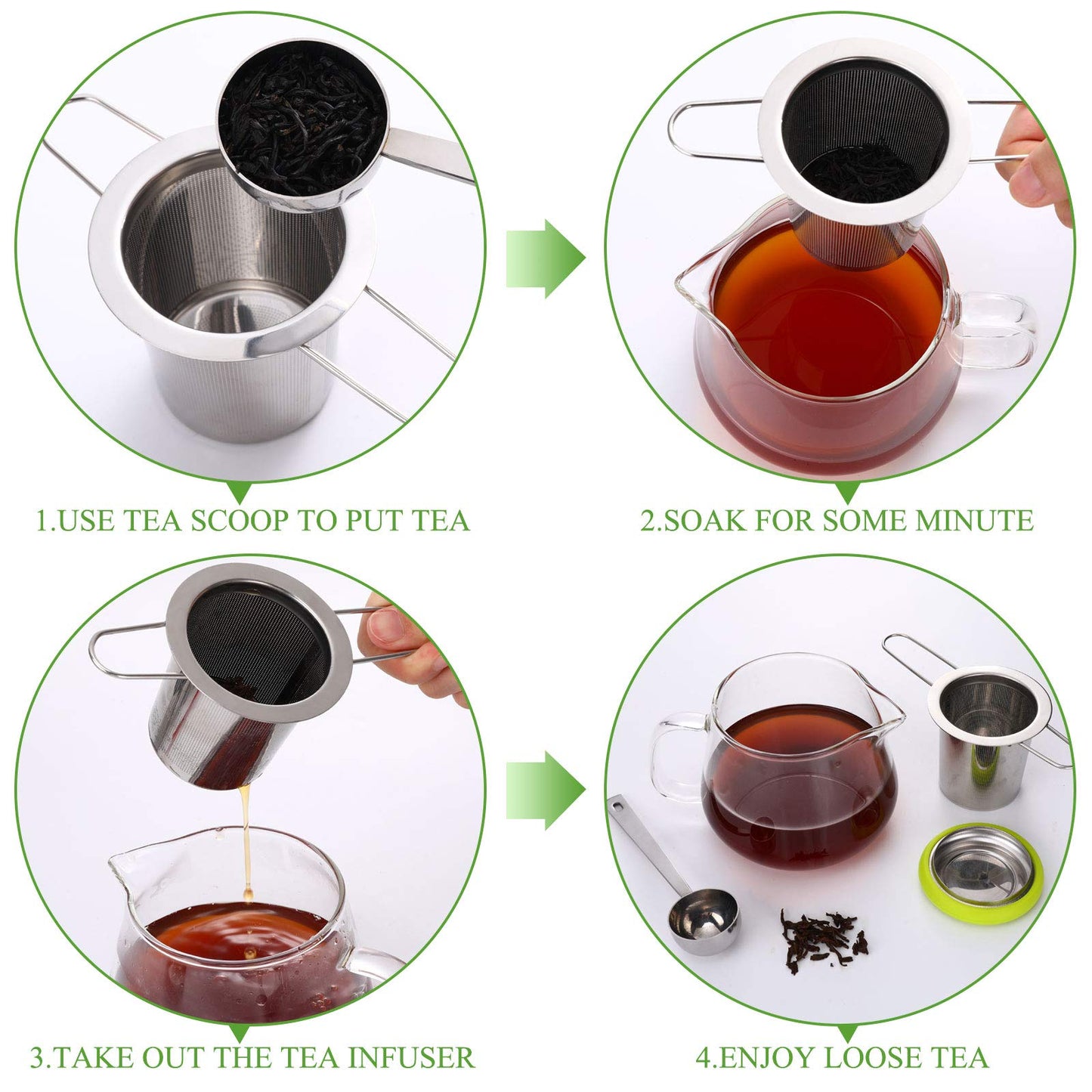 2 Pieces Tea Infusers with Tea Scoop Stainless Steel Tea Strainer Folding Handle Tea Filter Fine Mesh Strainer Brewing Basket with Silicone Lid for Loose Leaf Tea