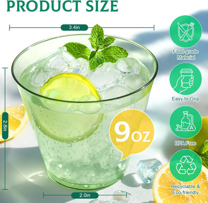 Skiennix 9 Oz Clear Plastic Cups - Green Disposable Cocktail Cups | 50 Pack for Parties & Events