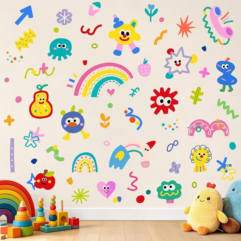 Tanlaby Abstract Shape Wall Decals – Rainbow Fruit Geometric Vinyl Stickers (9 Sheets 7.8x11.8 in)