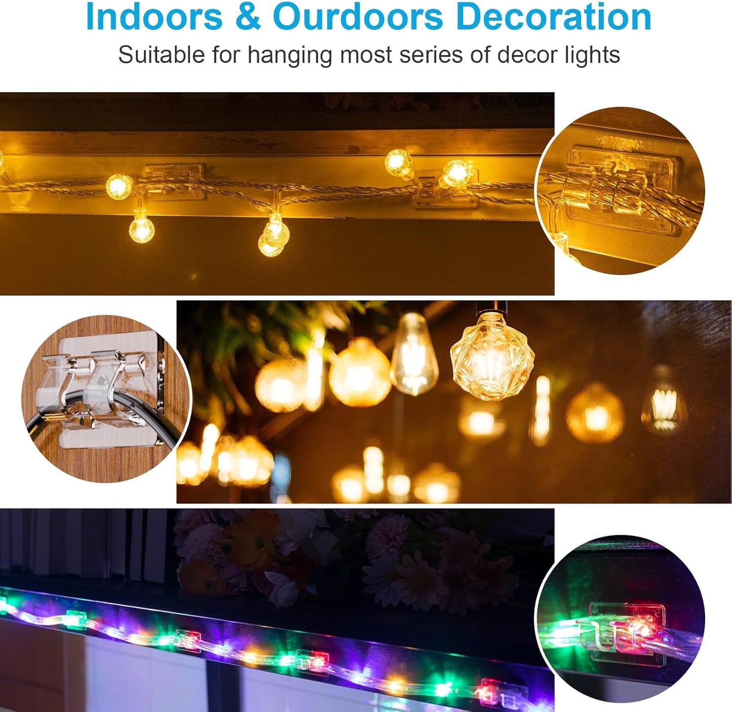 Skiennix 30 PCS Heavy-Duty Hooks for Outdoor String Lights - Clear Adhesive Clips for Easy Hanging