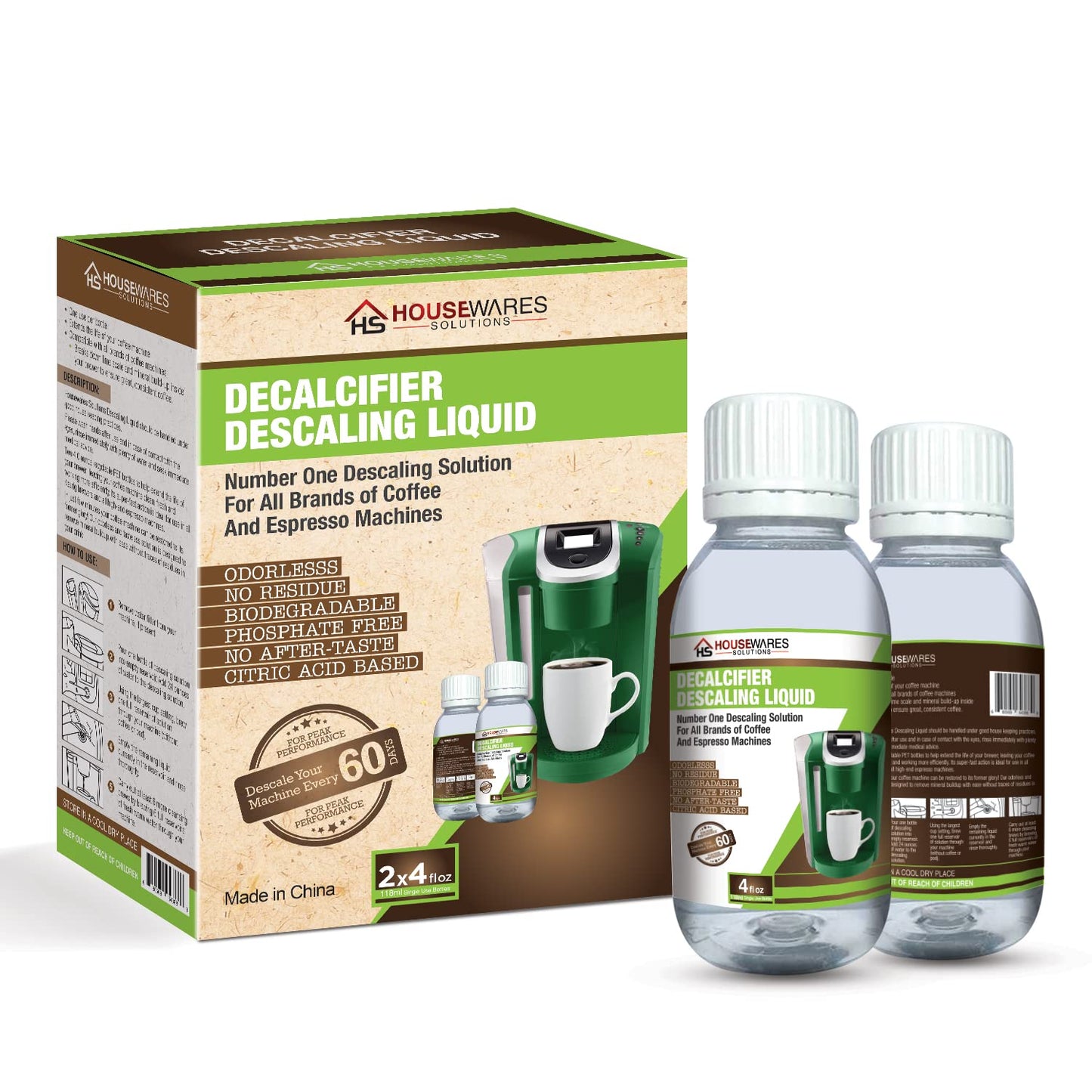 Descaling Solution for All Brands of Coffee and Espresso Machines By Housewares Solutions - 4 Fluid Ounce Bottle (2-Pack)