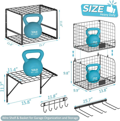 ThreeHio Garage Shelf - Heavy Duty Wall Mounted Storage with Wire Baskets & Tool Rack | Organizer for Home & Garden