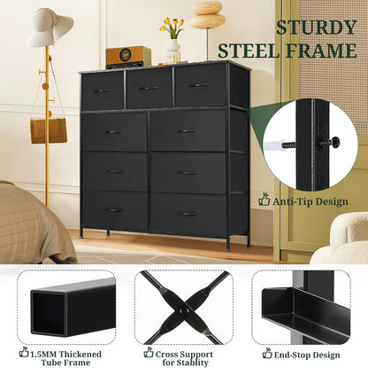 Skiennix 9-Drawer Dresser - Anti-Tip Tall Storage Organizer with Wooden Top & Metal Frame | Black