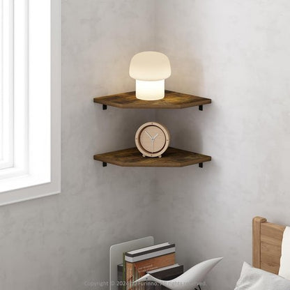 Furinno Rossi Hexagon Floating Shelves - Set of 2 Geometric Wall-Mounted Corner Shelves | Amber Pine