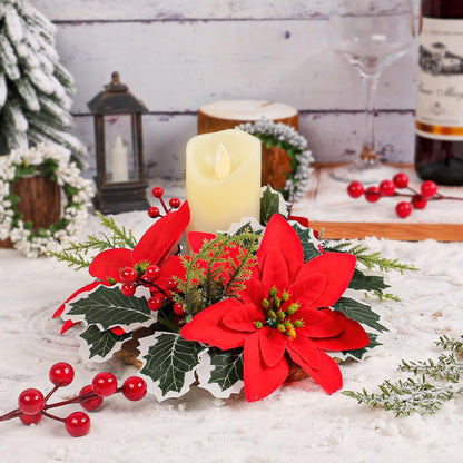 Regine Switzerland Christmas Candle Rings - Artificial Red Poinsettia & Pine Wreath Holders | Holiday Table Decor
