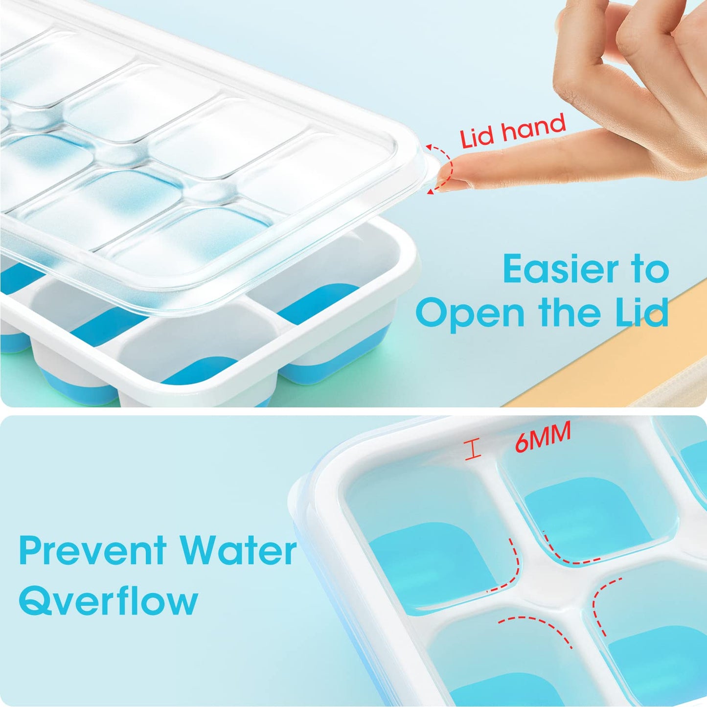 DOQAUS Ice Cube Tray with Lid and Bin, 4 Pack Silicone Plastic Ice Cube Trays for Freezer with Ice Box, Ice Trays with Ice Container, Stackable Ice Tray with Storage Ice Bucket,Ice Tong,Ice Scoop