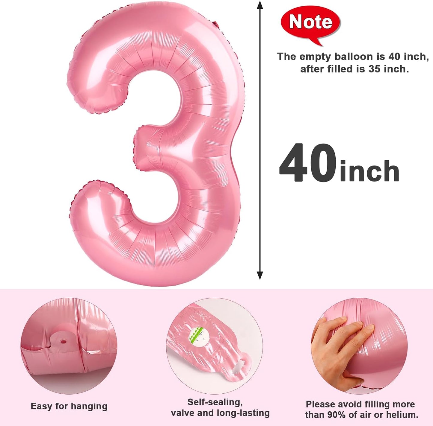 Numbers Balloon - 40 Inch Large Pastel Pink Balloon for 3rd Birthday Party Decor | Perfect for Celebrations