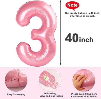 Numbers Balloon - 40 Inch Large Pastel Pink Balloon for 3rd Birthday Party Decor | Perfect for Celebrations