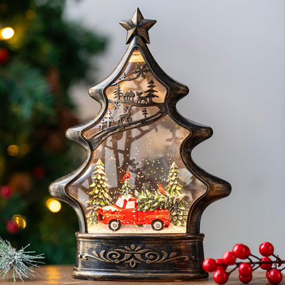Skiennix Snow Globe Lantern - 11.5 Inch Musical Christmas Tree Figurine with Red Truck & Glitter
