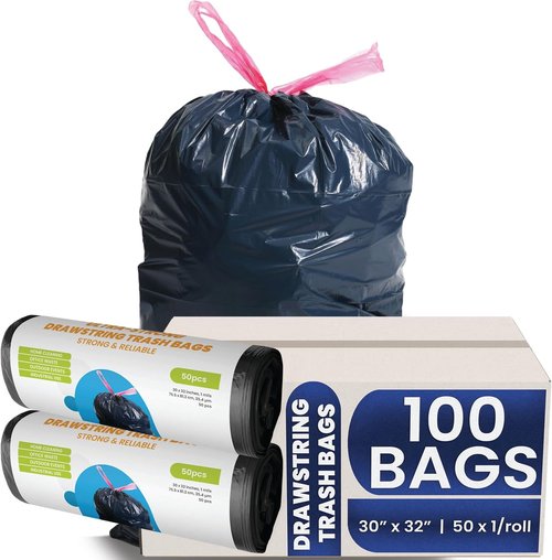 Drawstring Trash Bags | 31 Gallon | 30x32 Inches | 1 Mil Thick | Durable Leak-Proof Garbage Bags with Easy Tie Handles - Perfect for Kitchen, Office, and Commercial Use