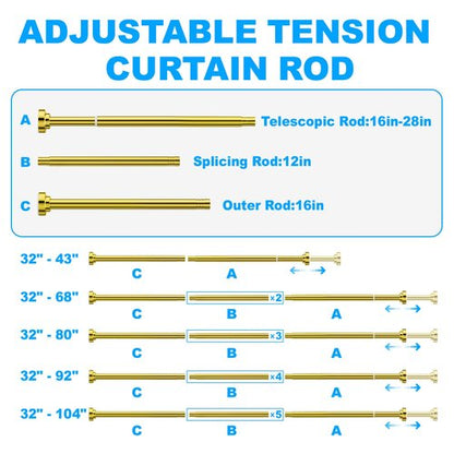 TEECK Shower Curtain Rod, 32-104 inch Adjustable Spring Tension Curtain Rod, Never Rust Anti-Slip Shower Curtain Rod for Bathroom, No Drilling, Never Collapse, Easy to Use, Gold