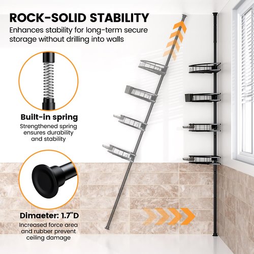 Foukus Tension Pole Shower Caddy Corner: Adjustable 4tier Bathroom Organizer Shelves - Rustproof Bathtub Shampoo Rack 43.5-120 inch