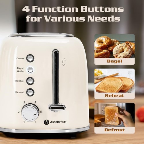 Aigostar 2-Slice Toaster - Retro Extra-Wide Slots for Bagels & Waffles | Stainless Steel, Cream White