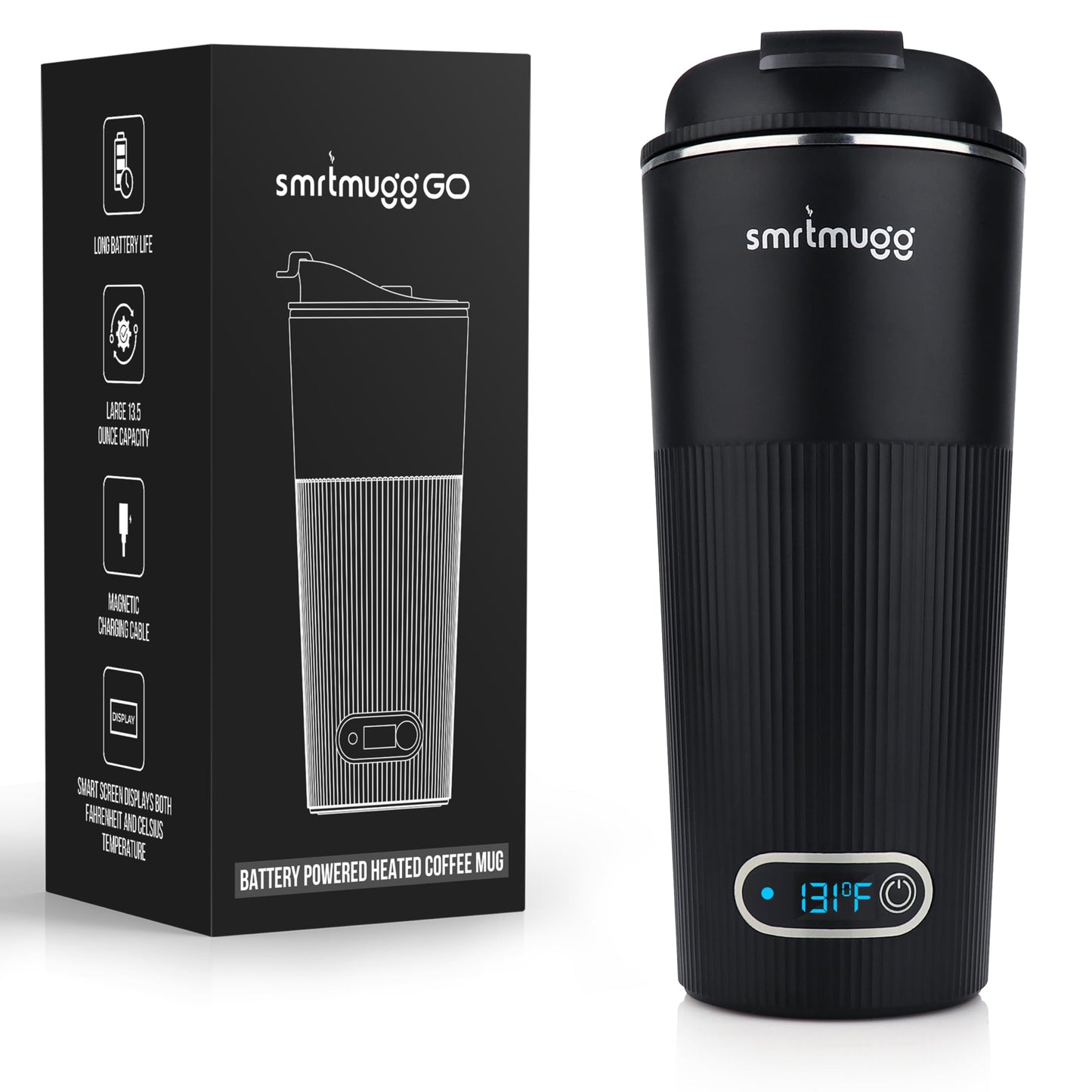 SMRTMUGG GO Heated Coffee Mug, Travel Mug, 13.5 OZ. Smart Mug, Battery Powered Heated Coffee Mug, Great for Coffee and Tea, Snap on Magnetic Charging Cord, New and Improved (Black)