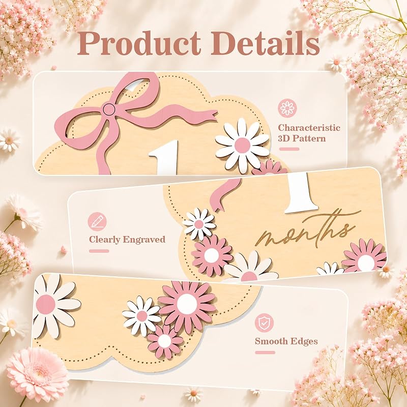 Monthly Milestone Sign Set for Girls with Pink Bow – 1–12 Months, Double-Sided Wooden Baby Photo Keepsake (Variation: Pink Flower01)