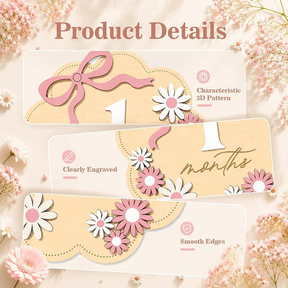 Monthly Milestone Sign Set for Girls with Pink Bow – 1–12 Months, Double-Sided Wooden Baby Photo Keepsake (Variation: Pink Flower01)
