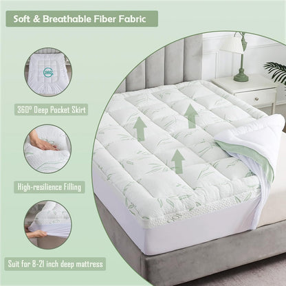 WhatsBedding Queen Mattress Topper - Soft Pillow Top with Deep Pocket & 7D Spiral Fiber Filling