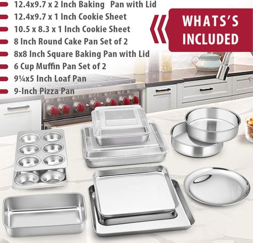 E-far 12-Piece Stainless Steel Bakeware Set - Non-Toxic, Dishwasher Safe Pans for Baking & Cooking
