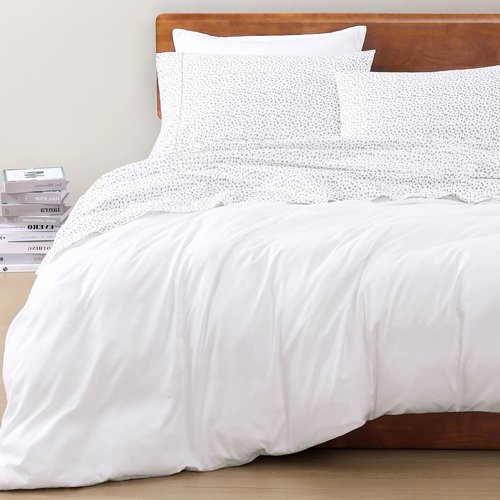 Lane Linen 100% Organic Cotton White (Grey Dot) Queen-Sheets Set, 4-Piece Long Staple Percale Weave Ultra Soft Best Bedding Sheets for Bed,Breathable,,Fits Mattress Upto 15inch Deep