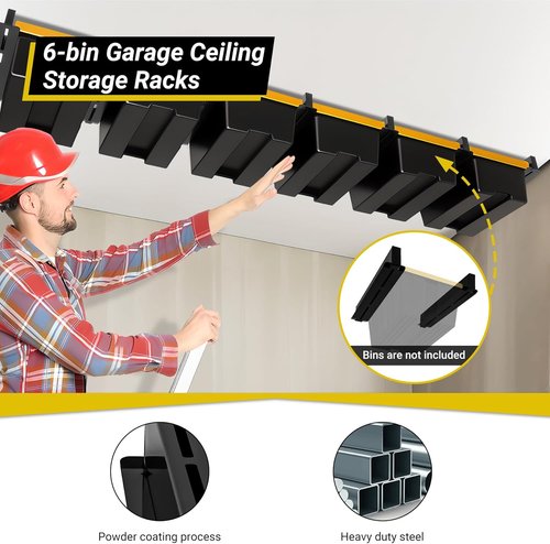 Heavy Duty 6-Bin Overhead Garage Storage Rack by [Brand Name] - Powder Coated Ceiling Organizer for Garages & Sheds