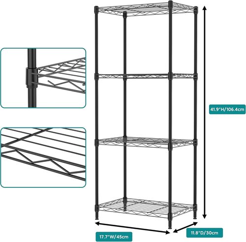 IZEUK 4-Tier Metal Wire Shelf Unit - Versatile Black Storage Rack for Kitchen, Bedroom & Laundry Room | 17.7" W x 11.8" D x 41.9" H