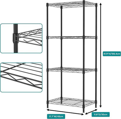 IZEUK 4-Tier Metal Wire Shelf Unit - Versatile Black Storage Rack for Kitchen, Bedroom & Laundry Room | 17.7" W x 11.8" D x 41.9" H