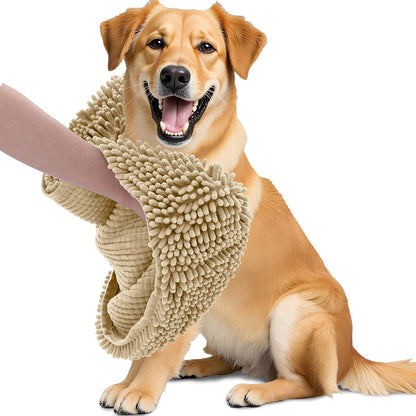 OLANLY Chenille Dog Bath Towel - Ultra Absorbent Quick Dry Plush Towel for Large Dogs & Puppies | 31x13, Beige