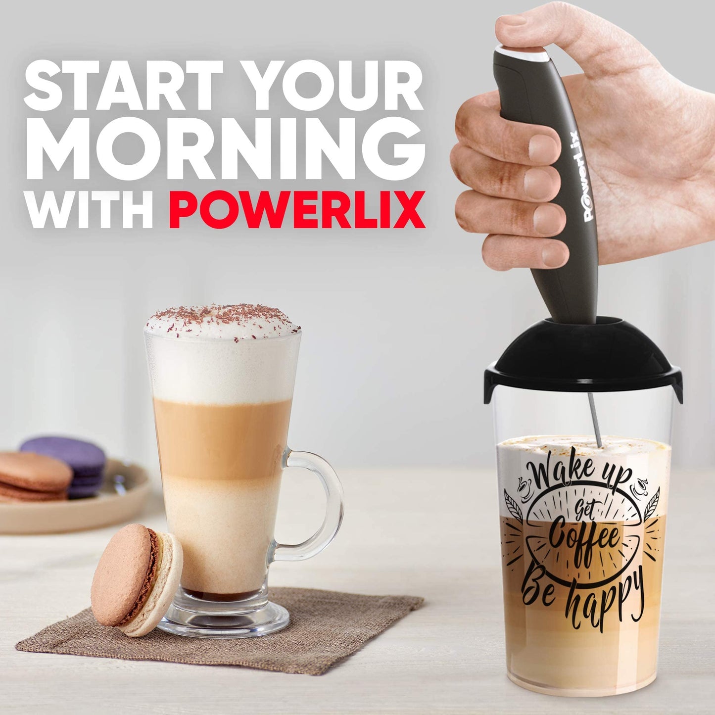 PowerLix Milk Frother Handheld Battery Operated Electric Foam Maker For Coffee, Latte, Frappe, Matcha, Drink Mixer With Stainless Steel Double Whisk, Mini Hand Held Machine, Foamer Cup Included