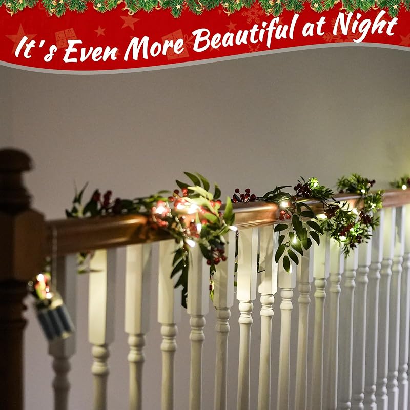 2 Pack 6ft Pre-lit Christmas Garland with Lights — Artificial Holly, Berries & Pine Cones (Variation: Willow Leaf)