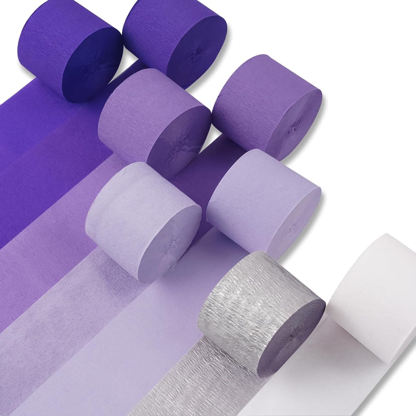PartyWoo Purple Crepe Paper Streamers - 8pcs 656ft Light & Dark Purple, Lavender, White & Silver for Birthday & Graduation Decor