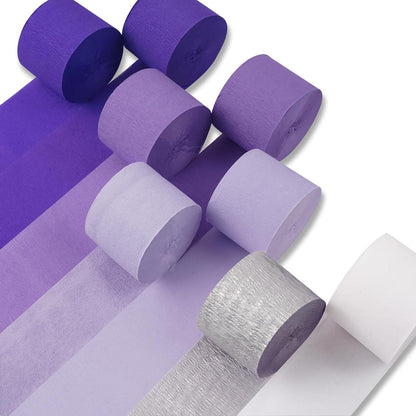 PartyWoo Purple Crepe Paper Streamers - 8pcs 656ft Light & Dark Purple, Lavender, White & Silver for Birthday & Graduation Decor