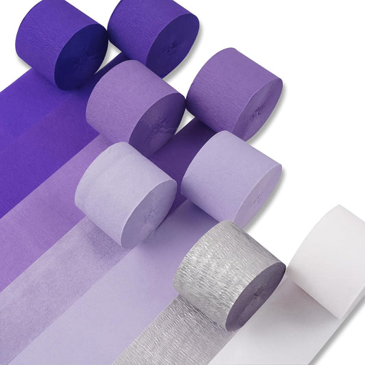 PartyWoo Purple Crepe Paper Streamers - 8pcs 656ft Light & Dark Purple, Lavender, White & Silver for Birthday & Graduation Decor