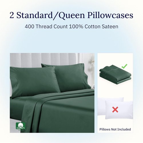 California Design Den Queen Pillowcase Set - 400 Thread Count, 100% Cotton Sateen, Soft & Breathable - Hunter Green, Set of 2