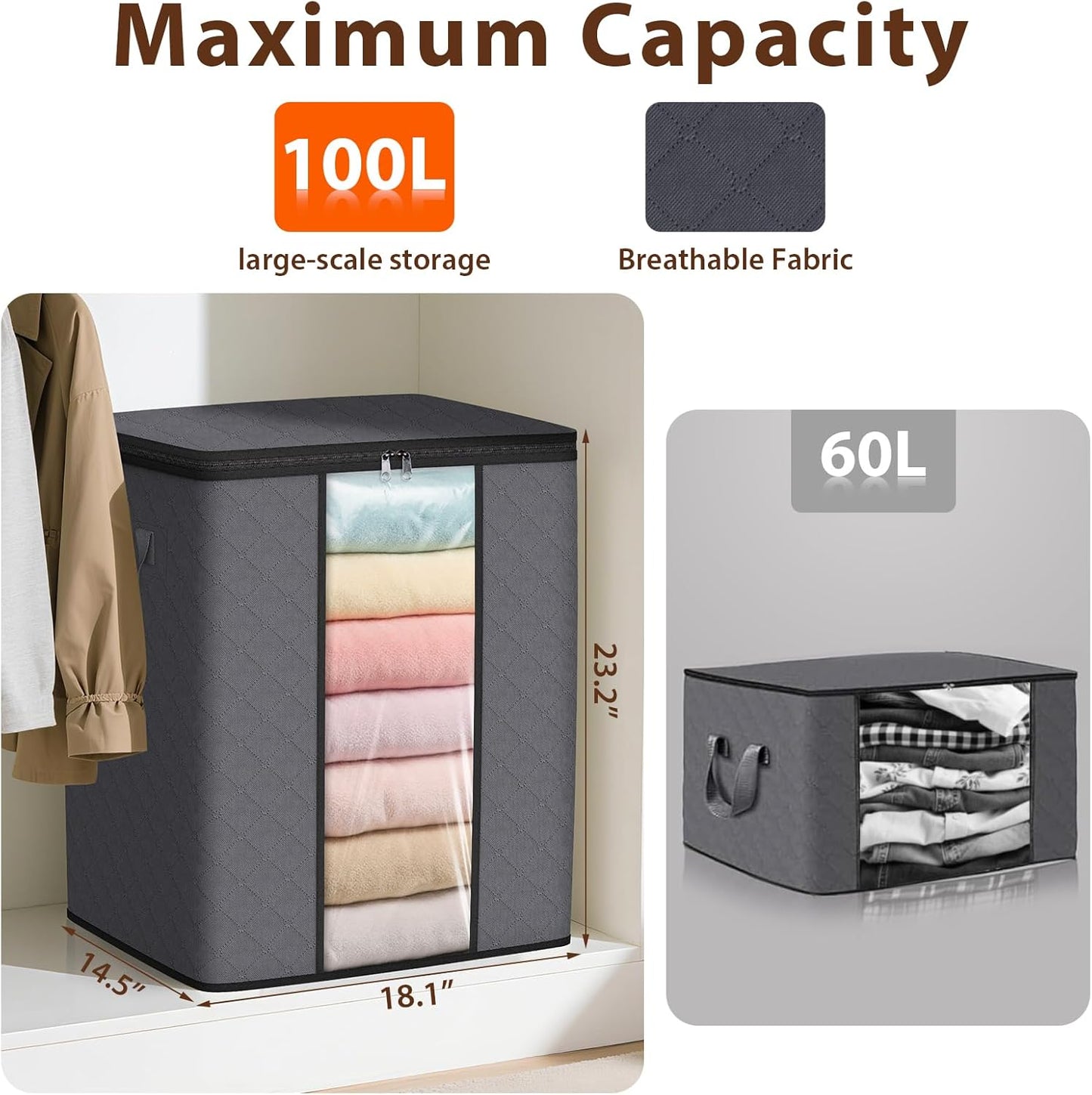 SpaceWhisper 100L Clothes Storage Bags - Foldable Thick Fabric Organizers for Bedroom & Closet | Grey, 3-Pack