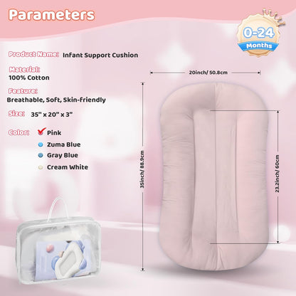 Skiennix Infant Support Cushion - Portable Tummy Time Mat for Newborns, Soft Cotton, Pink, 0-24 Months