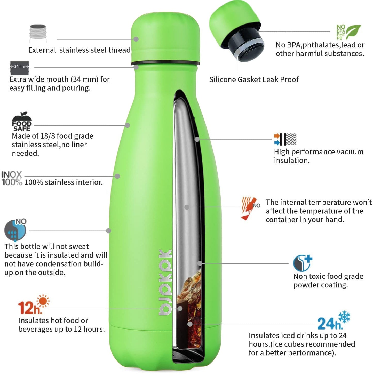 BJPKPK 12oz Water Bottle Stainless Steel Water Bottles Insulated Metal Water Bottle For Travel,Green