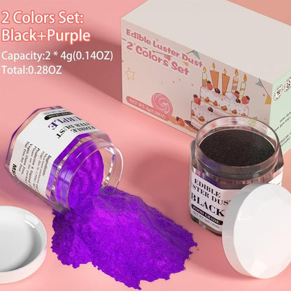 Cherrysea Luster Dust Edible Set - Food Grade Shimmer Powder for Cakes & Cocktails - 4g Bottles (Black & Purple)